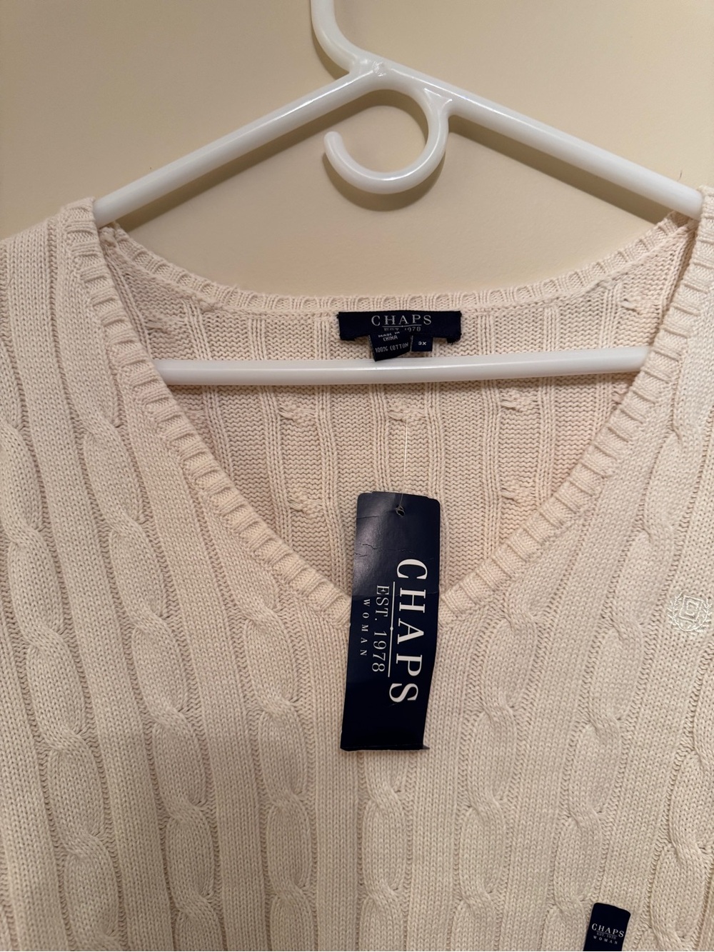 Chaps Cream Cable Knit V-Neck Sweater Plus Size 3X NWT - Picture 2 of 9